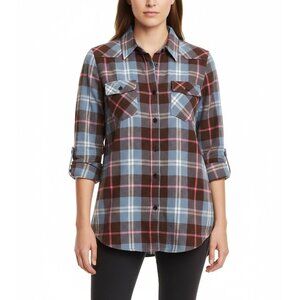 OCHENTA Women Mid-Long Style Roll-Up Sleeve Button Down Plaid Flannel Shirt(L)
